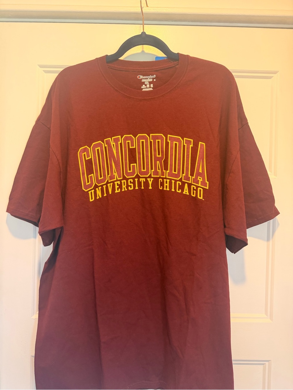 Champion Maroon Tee with Yellow Concordia University Chicago Print